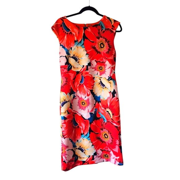 T Tahari Vibrant Red Floral Sheath Dress, Size 10 - Picture 2 of 12